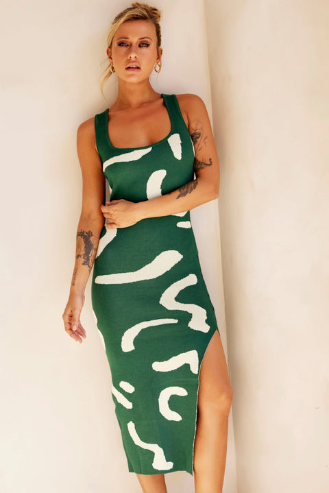 Attached Knit Midi Dress - Forest Green