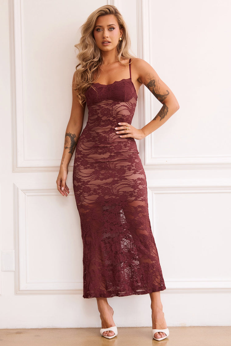 Feel It Still Lace Midi Dress - Wine