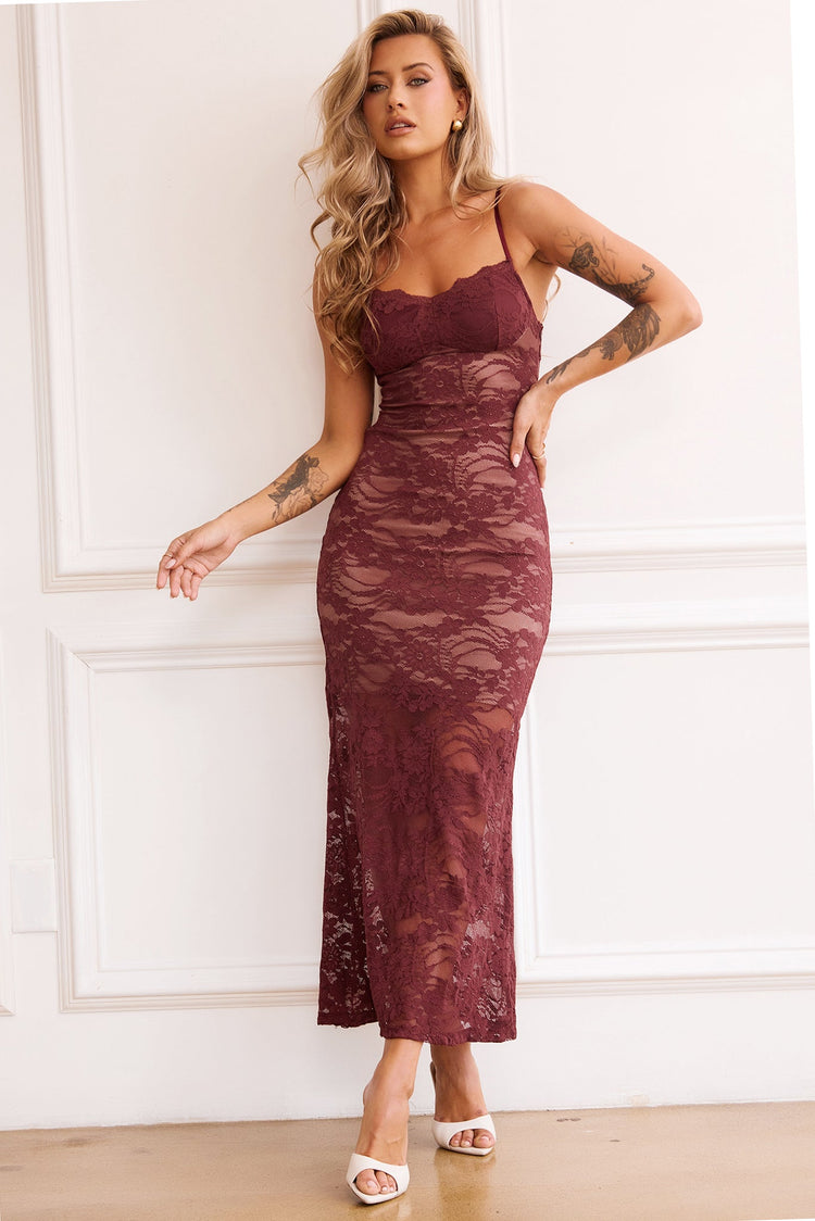 Feel It Still Lace Midi Dress - Wine