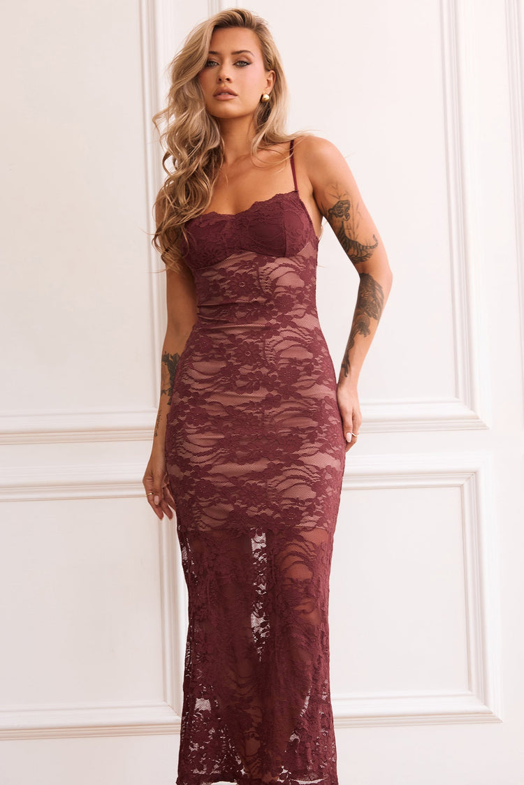 Feel It Still Lace Midi Dress - Wine